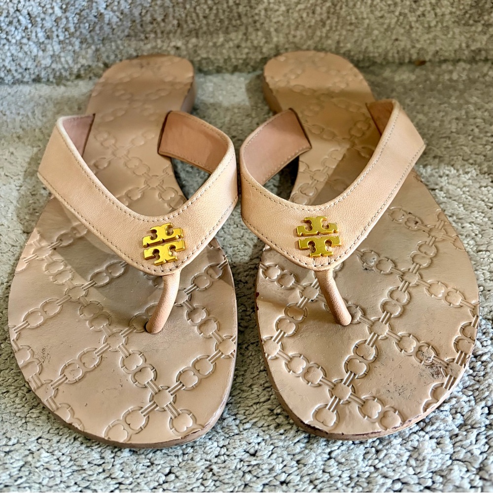 Tory Burch Tan (make up color) Sandals with Gold Emblem